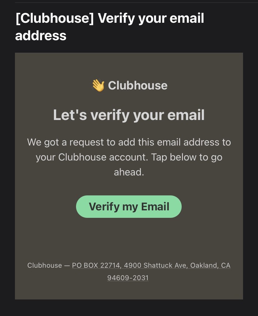 Clubhouse 認証するためのメール